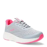 Championes deportivos Push de tejido mesh en color gris con detalles en fucsia. Presentan suela blanca con base fucsia, cierre con cordones y refuerzos sintéticos en la puntera y laterales.