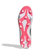 Championes de fútbol Adidas modelo Predator Club Fg/Mg, color blanco con diseño en fucsia y negro, cordones blancos y suela con tapones para césped firme y multisuperficie.