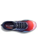 Championes Saucony Peregrine 12 para dama, color azul marino, rojo y naranja.