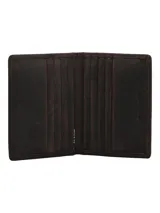 Billetera bifold de cuero natural color marrón oscuro, con diseño minimalista y logo de pato grabado en la esquina inferior. Cuenta con múltiples compartimentos internos para tarjetas y forro de poliéster reciclado.