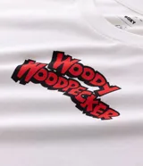 Remera boxy de algodón color blanco, con cuello redondo y mangas cortas. Presenta un estampado grande en la espalda del personaje El Pájaro Loco, con su nombre en rojo y un fondo azul y amarillo, y un globo de diálogo que dice "Guess Who?".