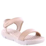 Sandalias de plataforma baja Dijean, color beige, con tiras acolchadas y cierre de velcro en el tobillo. Presenta una plantilla texturizada con diseño de rombos y detalle de logo metálico en la tira lateral.