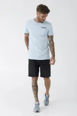 Remera celeste de corte clásico con cuello redondo y manga corta. Estampado pequeño en el pecho.