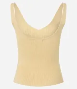Blusa sin mangas de punto acanalado color crema, con escote en V y espalda descubierta. Confeccionada en una mezcla de viscosa y poliamida, presenta un ajuste al cuerpo y textura vertical en relieve.