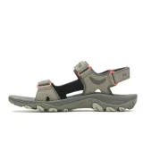 Sandalia de senderismo Merrell modelo Huntington Sport, color gris con detalles en naranja. Presenta un diseño sintético resistente al agua con sistema de ajuste de velcro, plantilla de espuma EVA, tecnología Air Cushion en el talón para absorción de impactos y suela de goma con tracción.