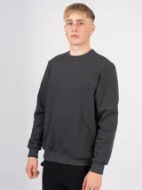 Buzo deportivo gris oscuro de algodón con felpa, cuello redondo y corte clásico.