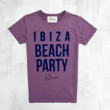 Remera violeta de algodón con estampa azul que dice "Ibiza Beach Party" y la firma "Dixon".