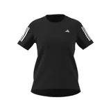 Remera deportiva Adidas Own The Run, color negro con logo en el pecho y tres tiras blancas en las mangas.