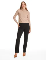 Pantalón sastrero de corte recto y entallado, con nervadura central vertical que estiliza la figura. Cuenta con cintura ancha de soporte, panel de malla interna para control abdominal y bolsillos posteriores simulados.