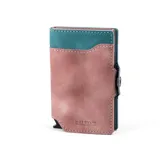 Billetera tarjetero Baleine de diseño compacto, fabricada en cuero con combinación de colores rosado y turquesa. Cuenta con un mecanismo de expulsión de tarjetas y cierre con broche a presión.