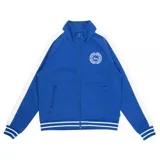 Campera deportiva azul con cierre frontal, cuello alto y mangas largas con franjas blancas. Tiene bolsillos laterales con cierre y logo de Vans bordado en el pecho.