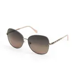 Lentes de sol con armazón metálico en tono dorado y cristales degradados en tonos marrones. Las patillas presentan un diseño con detalles geométricos coloridos.