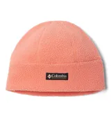 Gorro tipo beanie de polar sherpa color salmón, con parche frontal con el logo de la marca Columbia.