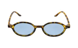 Lentes de sol unisex con montura redonda de carey y lentes celestes.
