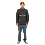 Buzo de polar tipo sherpa color negro, con cuello alto y cierre frontal parcial. Presenta detalles de cinta tejida con patrón geométrico en el cuello, el pecho y los bolsillos frontales, además del logo de la marca bordado en el centro del pecho.