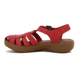Sandalia casual de cuero color rojo, con diseño tipo guillermina, pulsera con hebilla y plataforma baja.
