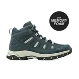 Bota de trekking Hi-Tec modelo Becky, color azul oscuro, con diseño de caña media, detalles en gris claro y suela con relieve antideslizante. Cuenta con tecnología Memory Foam para mayor confort.