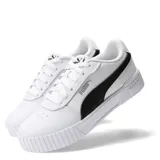 Championes Puma modelo Carina 2.0, de diseño urbano con plataforma. Presentan una base blanca con la característica franja lateral de la marca en color negro y suela de goma con textura acanalada.