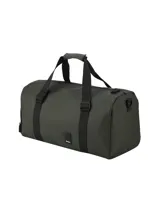 Bolso tipo duffel de diseño minimalista en color verde oliva, con correas de mano negras reforzadas y cierre superior. Cuenta con un pequeño parche con logo en la parte frontal.