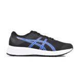 Championes de running Asics modelo Patriot 12, color negro con detalles en azul brillante y suela blanca. Presentan diseño de malla transpirable y el logo característico de la marca en los laterales.