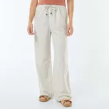 Pantalón wide leg de mezcla de lino color beige, con diseño de rayas verticales finas.