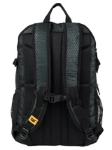 Mochila Caterpillar Barry de color negro con estampado geométrico sutil, compartimento principal amplio, bolsillo frontal con organizador y logo de la marca, compartimento acolchado para laptop, bolsillos laterales de red y correas ajustables.