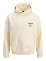 Buzo con capucha de calce holgado, color crema, confeccionado en tejido loopback con interior levemente afelpado. Presenta bolsillo frontal tipo canguro, puños y ruedo acanalados, y estampado con texto en el pecho.