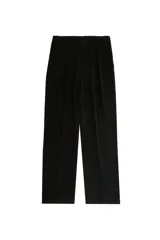 Pantalón negro de tiro medio, confeccionado en tejido fluido, de pernera recta con pinzas delanteras y cierre frontal oculto.
