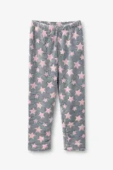 Pantalon de pijama de tela plush suave, con estampado de estrellas rosadas sobre fondo gris. Cuenta con cintura elastizada para mayor comodidad.