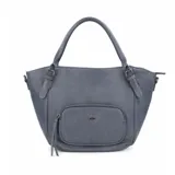 Cartera de mano de cuero sintético en color gris azulado, con doble asa superior, bolsillo frontal con cierre y detalles de hebillas decorativas en las asas.