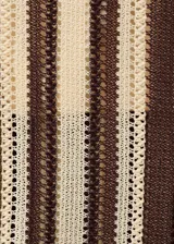 Pantalón de tiro medio con cintura elástica y corte recto, confeccionado en tejido de punto con diseño de rayas verticales en tonos marrón y beige.