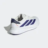 Championes de running Adidas Duramo SL 2, color blanco con tres franjas laterales en azul metálico y detalles en azul marino en el talón. Cuentan con mediasuela LIGHTMOTION y suela Adiwear.