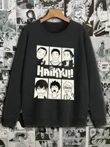 Buzo negro de cuello redondo con estampado del equipo Karasuno del anime Haikyu!!.