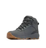 Bota de senderismo Columbia modelo Newton Wander Ltr, color gris con suela de goma color caramelo. Presenta diseño de caña media, cierre con cordones, herrajes metálicos y construcción impermeable con tecnología Omni-Tech.