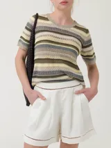 Remera de tejido calado a rayas horizontales en tonos beige, marrón, verde y gris. Tiene cuello redondo con borde ondulado y mangas cortas con borde ondulado.