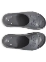 Sandalias Under Armour modelo Locker V, de diseño ergonómico moldeado en una sola pieza de EVA color gris. Presentan orificios de drenaje laterales y el logo de la marca en relieve sobre la banda superior.