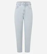 Pantalón mom en jeans lavado con bolsillos, de tiro alto y corte holgado.