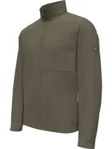 Campera verde militar estilo blouson, con cuello alto, cierre frontal de cremallera, bolsillos laterales y logo de la bandera de Tommy Hilfiger en el pecho.