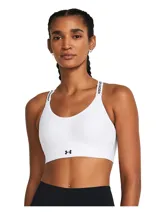 Top deportivo blanco Under Armour Infinity Mid 2.0 con tecnología de sujeción que se sincroniza con cada movimiento y relleno de espuma hueca ultraligera.