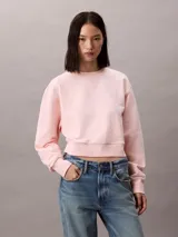 Buzo cropped de cuello redondo, confeccionado en algodón, con puños y dobladillo en punto canalé. Presenta un diseño minimalista con detalle de costura en V en el cuello.