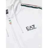 Campera con capucha y cierre frontal, color azul marino. Presenta bandas laterales en las mangas con detalles tricolores y logo de la marca estampado en el pecho.