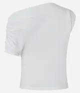 Blusa color crema confeccionada en crepé, con escote asimétrico y una manga corta con drapeados.