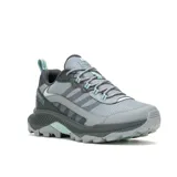 Championes de senderismo Merrell modelo Speed Strike 2 Waterproof, color gris con detalles en verde agua. Presentan una construcción robusta con malla y cuero sintético, membrana impermeable, entresuela de espuma EVA para mayor amortiguación y suela de goma con tacos para tracción en terrenos irregulares.