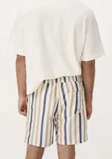 Short de tela con estampado a rayas verticales en tonos blanco, rojo y azul. Tiene cintura elástica con cordón ajustable y bolsillos laterales.