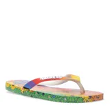 Sandalias tipo ojota Havaianas con diseño estampado de flores coloridas sobre fondo degradado. Presenta tiras con los colores del arcoíris y logo de la marca en relieve.