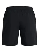 Short deportivo negro Under Armour Launch de 7 pulgadas para hombre, con logo reflectivo en la pierna izquierda.