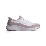 Championes deportivos Skechers Slip-ins con tecnología Contour Foam, diseño sin cordones con parte superior acolchada y superposiciones sintéticas en tono rosado y blanco.