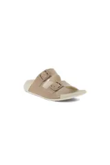 Sandalias de cuero color beige, con dos correas ajustables con hebillas metálicas.