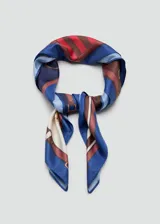 Pañuelo cuadrado de poliéster con estampado multicolor de inspiración ecuestre, con paneles de rayas y motivos de cadenas y estribos.