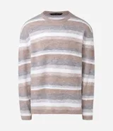 Suéter Marfinno de cuello redondo y mangas largas, confeccionado en tricot texturizado con diseño de rayas horizontales en tonos degradé de beige, blanco, gris y marrón.